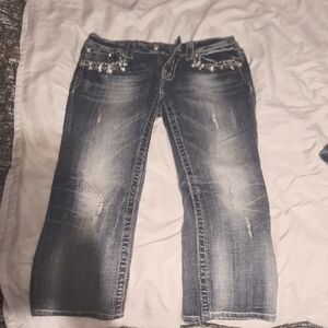 Distressed Denim Jeans capris with Rhinestone Accents